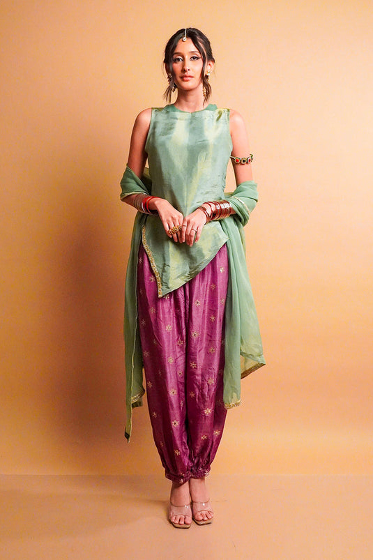 Sage Green Tissue Kurta with Iris Balloon Pants Set and Dupatta