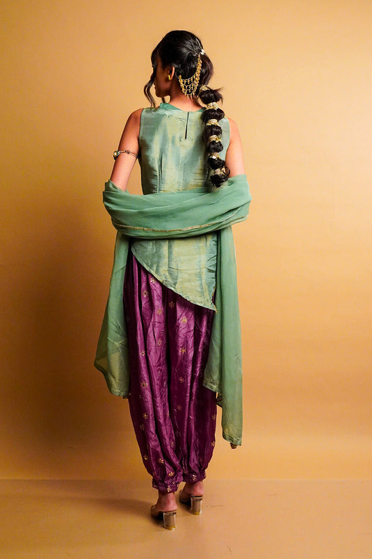 Sage Green Tissue Kurta with Iris Balloon Pants Set and Dupatta