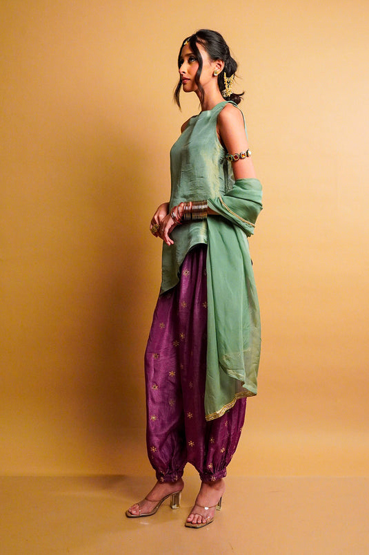 Sage Green Tissue Kurta with Iris Balloon Pants Set and Dupatta