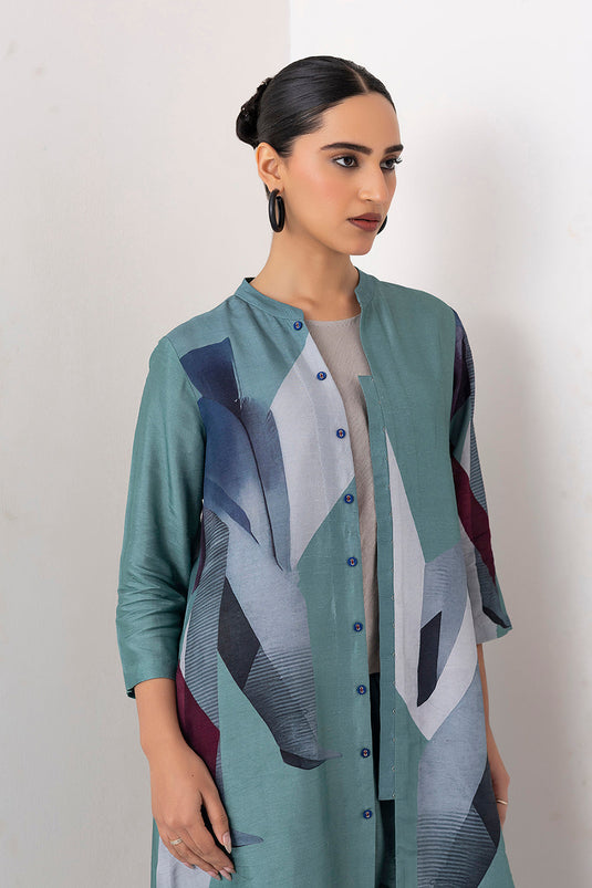 Sage Green Viscose Dupion Printed High-Low Dress