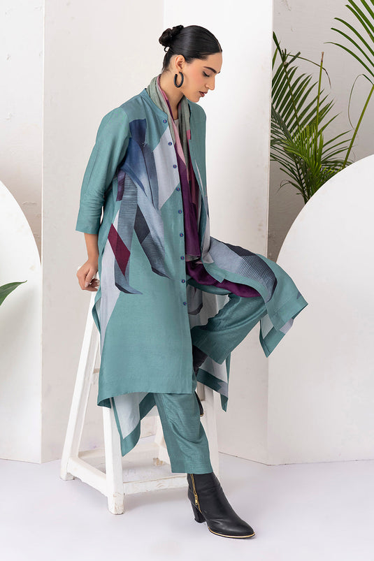 Sage Green Viscose Dupion Printed High-Low Dress