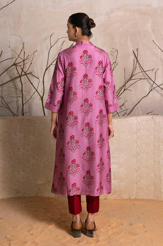 Salmon Pink Silk Chanderi Floral Boota Printed Tunic