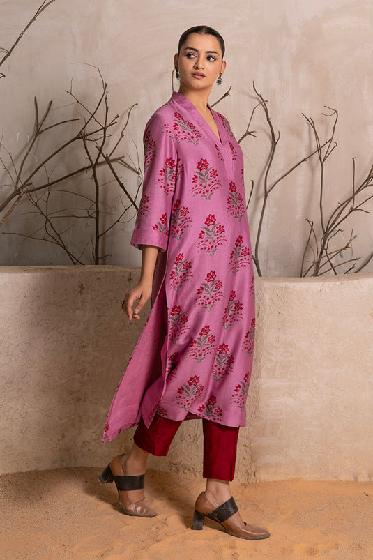 Salmon Pink Silk Chanderi Floral Boota Printed Tunic