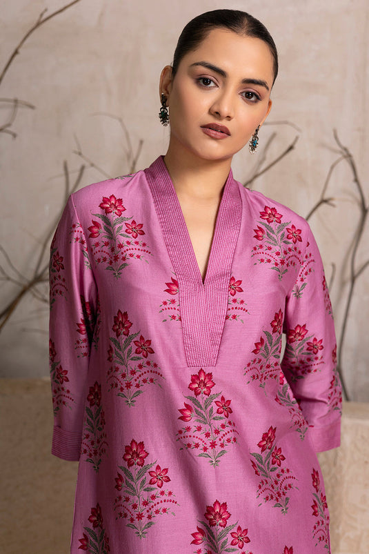 Salmon Pink Silk Chanderi Floral Boota Printed Tunic