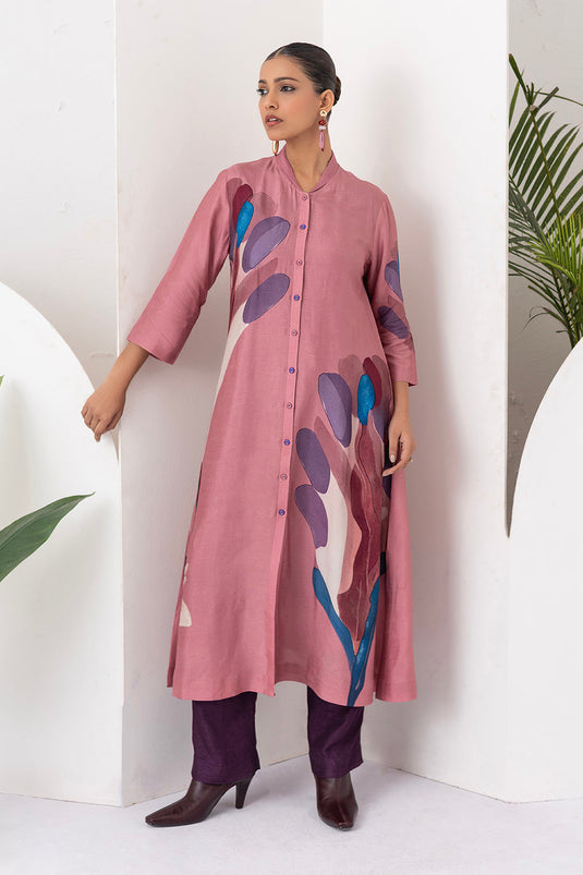 Salmon Pink Viscose Dupion Printed Dress