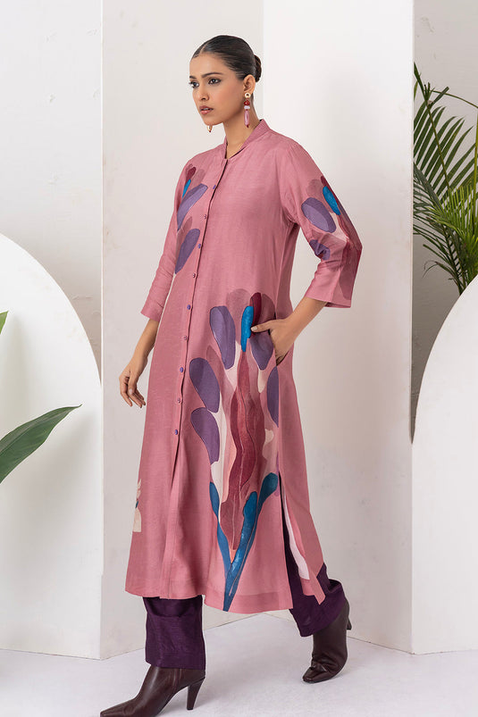 Salmon Pink Viscose Dupion Printed Dress