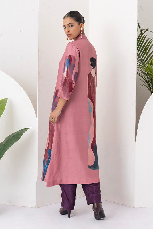 Salmon Pink Viscose Dupion Printed Dress