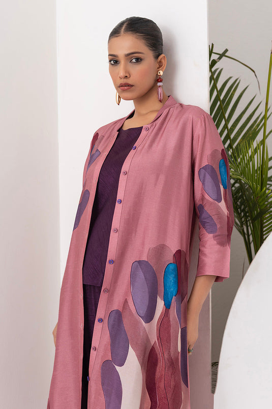 Salmon Pink Viscose Dupion Printed Dress