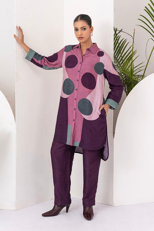 Salmon Pink & Wine Viscose Dupion Printed Shirt Style Tunic