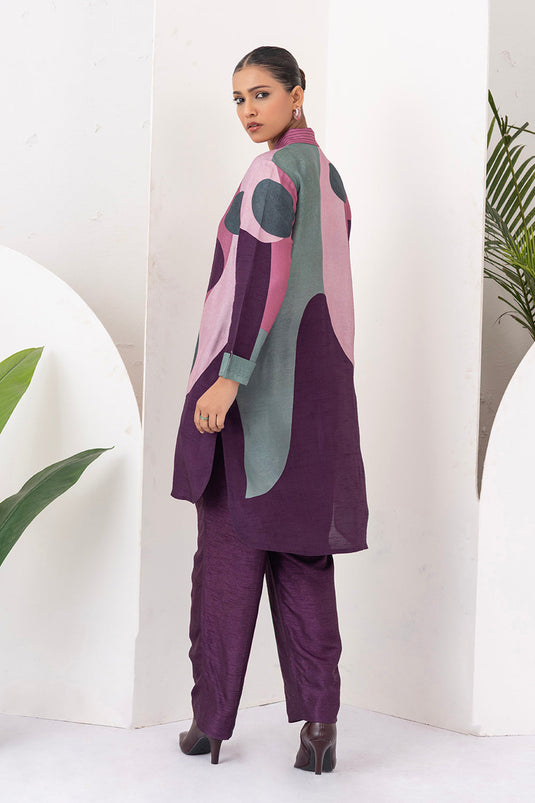 Salmon Pink & Wine Viscose Dupion Printed Shirt Style Tunic