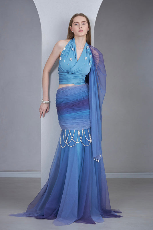 Shaded Blue Pearl Detailed Crop Top with Ombre Fishcut Tulle Lehenga