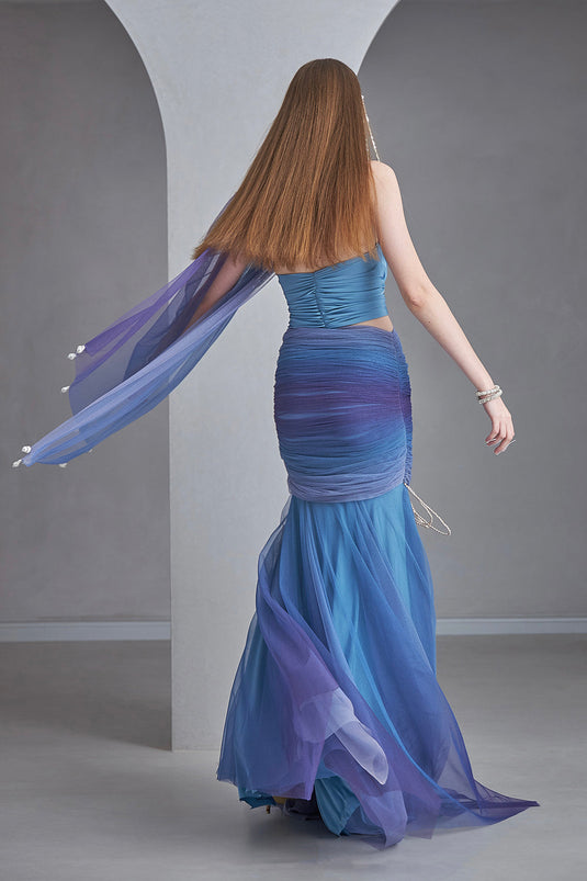 Shaded Blue Pearl Detailed Crop Top with Ombre Fishcut Tulle Lehenga
