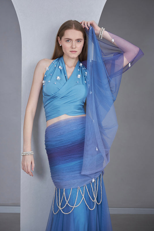 Shaded Blue Pearl Detailed Crop Top with Ombre Fishcut Tulle Lehenga