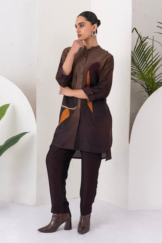 Shades Of Brown Viscose Dupion Printed Shirt Style Tunic