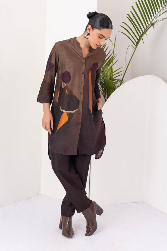 Shades Of Brown Viscose Dupion Printed Shirt Style Tunic