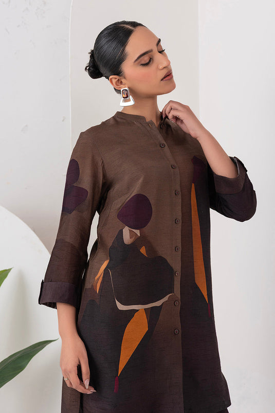 Shades Of Brown Viscose Dupion Printed Shirt Style Tunic