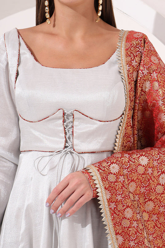 Silver Anarkali with Brocade Dupatta