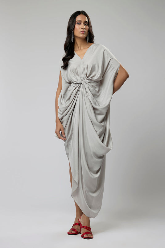 Silver Grey Classic Twisted Drape Gown