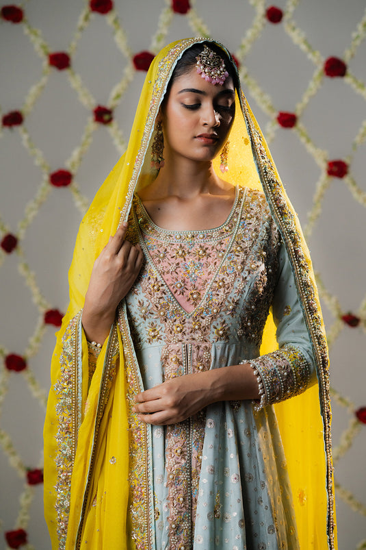 Sky Blue & Yellow Glass Organza Lehenga Set