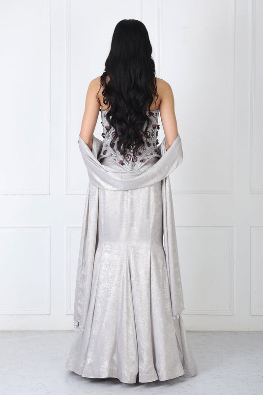 Steel Grey Embroidered Corset With Paneled Skirt And Dupatta