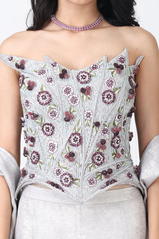 Steel Grey Embroidered Corset With Paneled Skirt And Dupatta