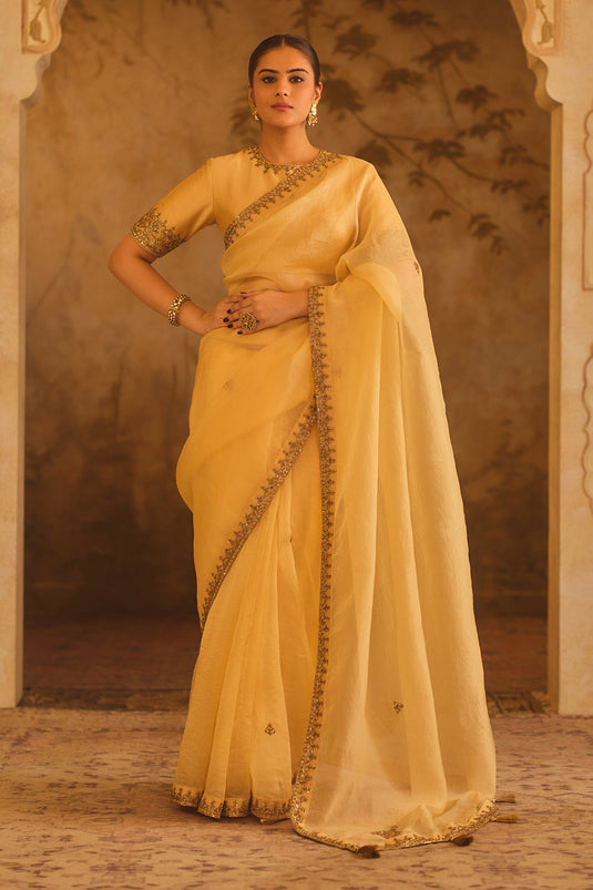 Tajra Gold Organza Saree With Zero-Neck Blouse