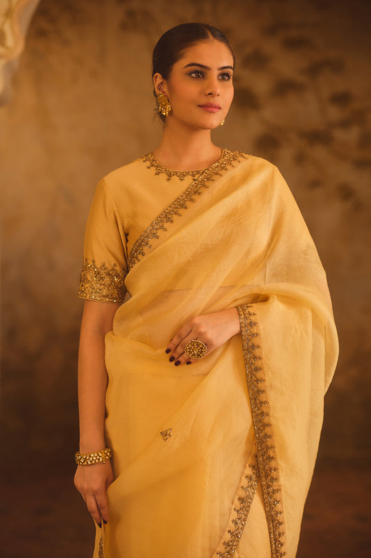 Tajra Gold Organza Saree With Zero-Neck Blouse