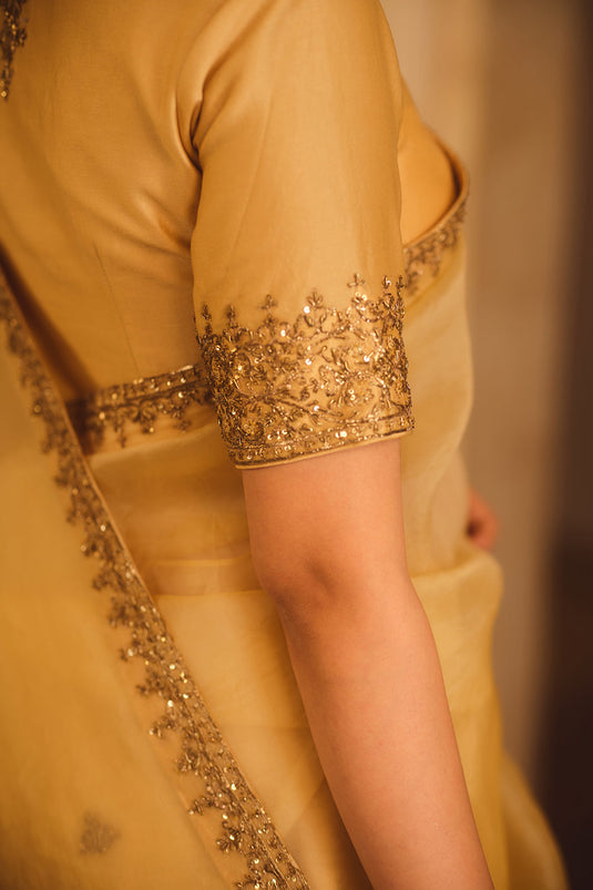 Tajra Gold Organza Saree With Zero-Neck Blouse