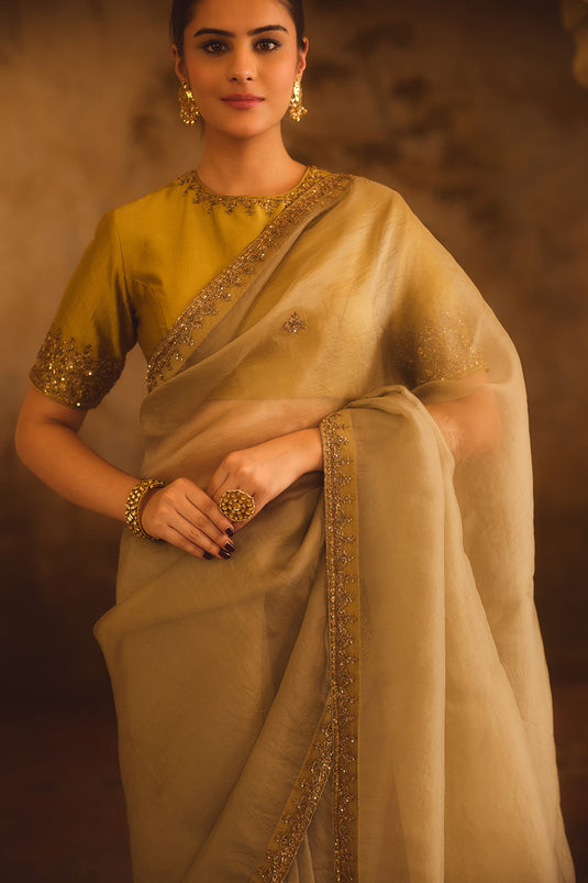 Tajra Grey & Green Organza Saree With Zero-Neck Blouse