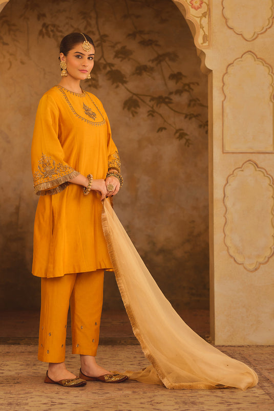 Tajra Mustard Zero-Neck A-Line Kurta Set