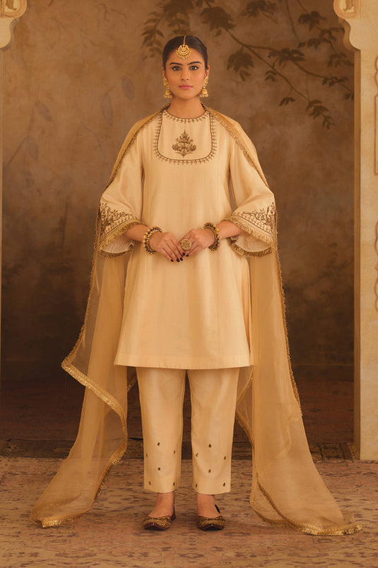 Tajra Mustard Zero-Neck A-Line Kurta Set