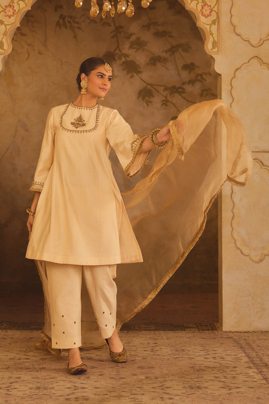 Tajra Mustard Zero-Neck A-Line Kurta Set
