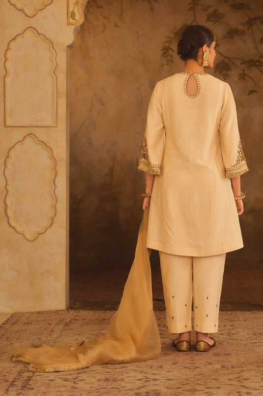 Tajra Mustard Zero-Neck A-Line Kurta Set