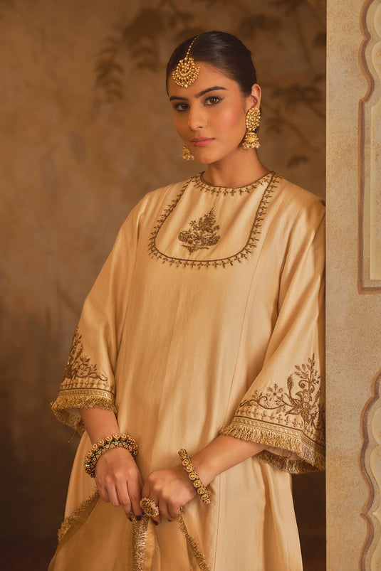 Tajra Mustard Zero-Neck A-Line Kurta Set