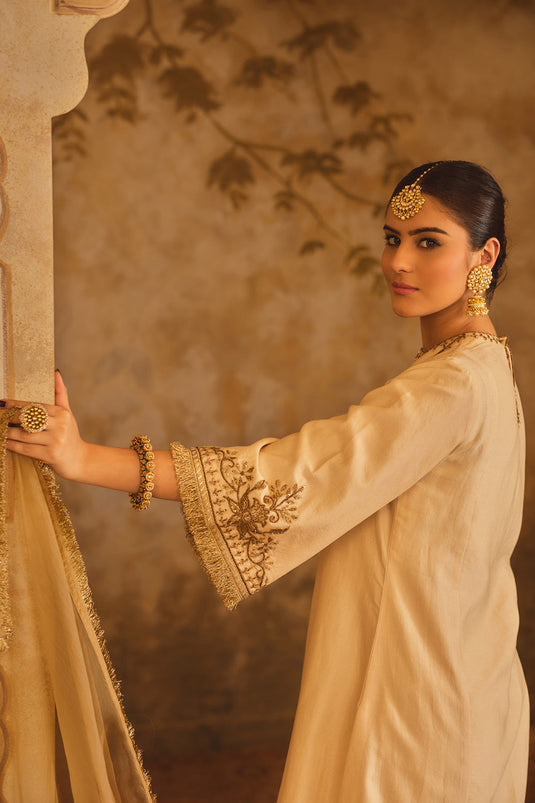 Tajra Mustard Zero-Neck A-Line Kurta Set