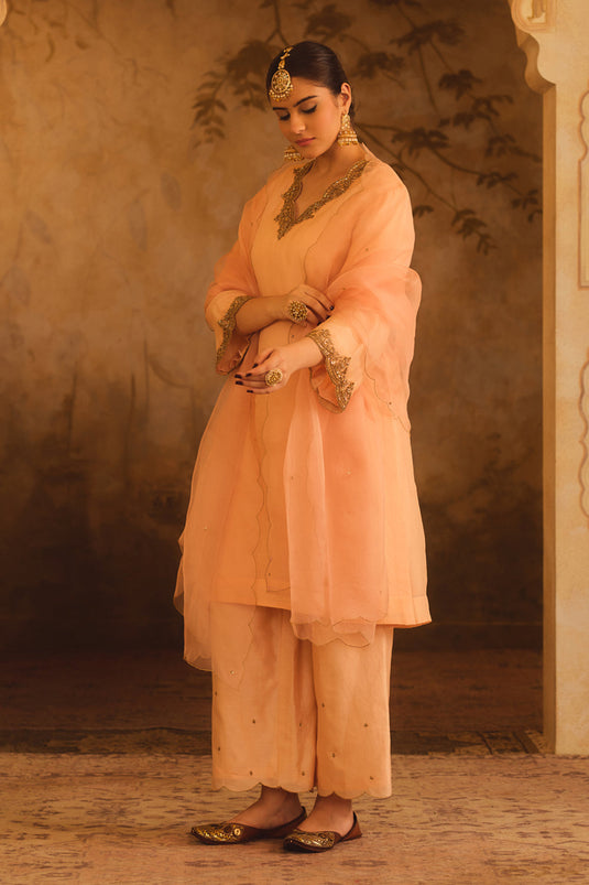 Tajra Peach V-Neck Organza A-Line Kurta Set
