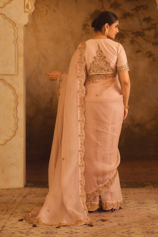 Tajra Pink Organza Saree With V-Neck Blouse