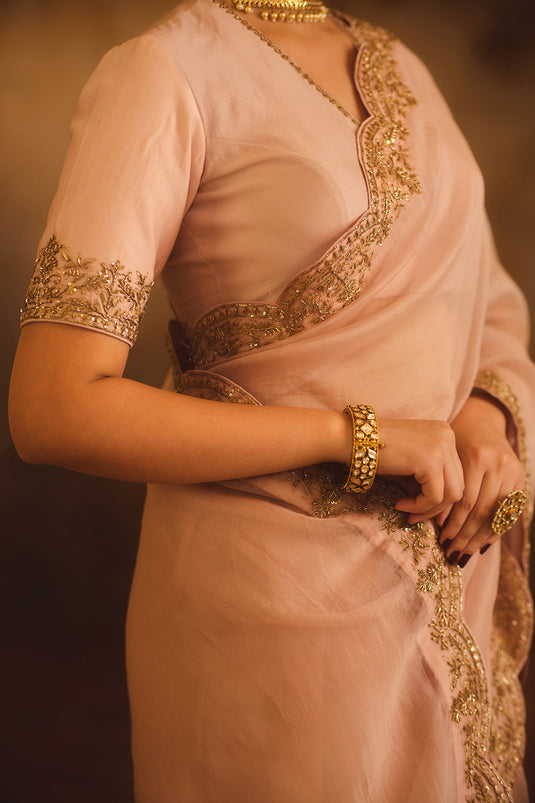 Tajra Pink Organza Saree With V-Neck Blouse