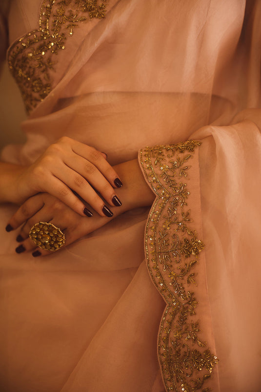 Tajra Pink Organza Saree With V-Neck Blouse