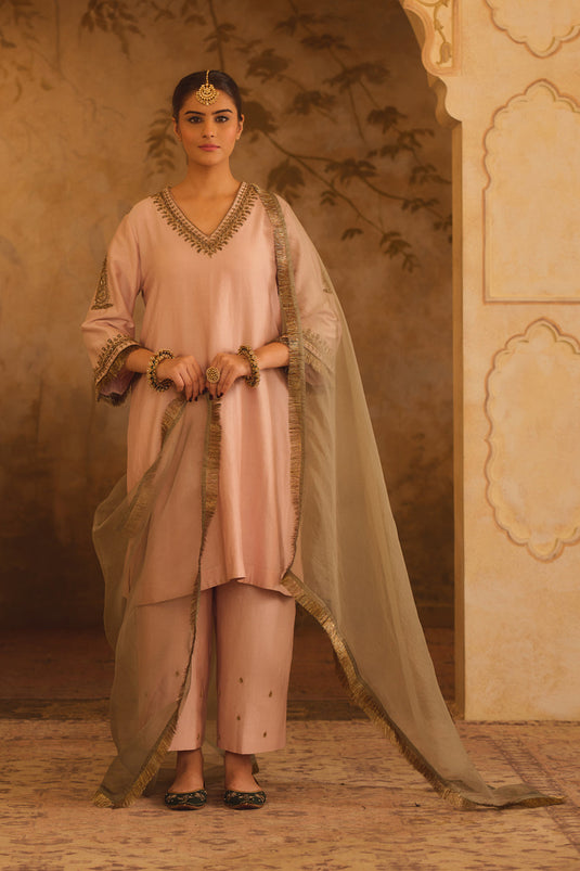Tajra Pink V-Neck A-Line Kurta Set