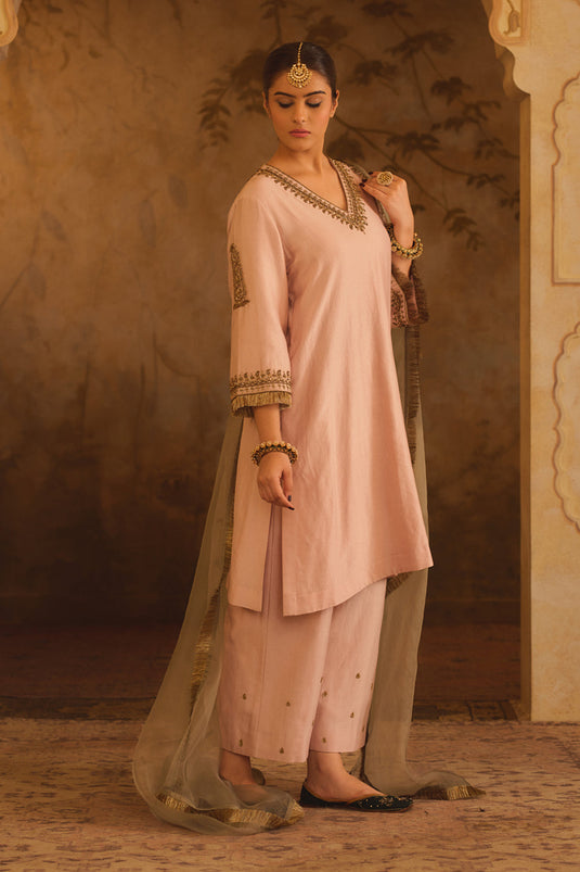 Tajra Pink V-Neck A-Line Kurta Set