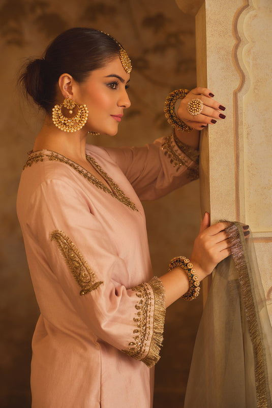 Tajra Pink V-Neck A-Line Kurta Set