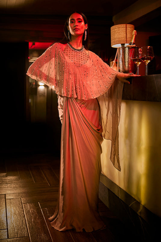 Taupe Draped Skirt, Structured Blouse and Sheer Cape