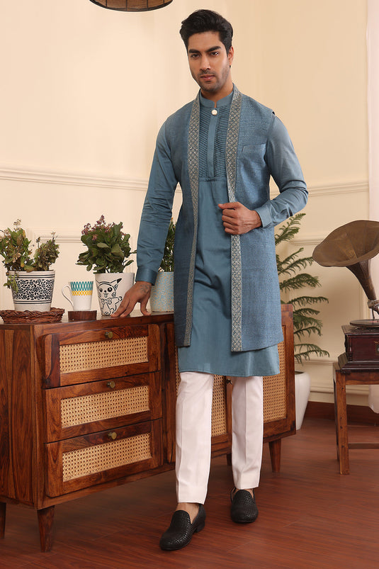 Teal Bue Kurta Pants with Shrug Jacket