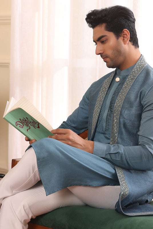 Teal Bue Kurta Pants with Shrug Jacket