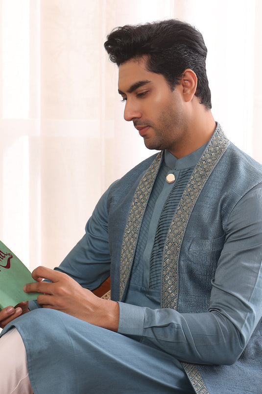 Teal Bue Kurta Pants with Shrug Jacket