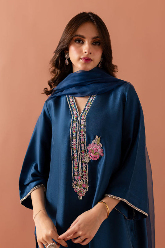 Teal Embroidered Comfort Fit Kurta Set