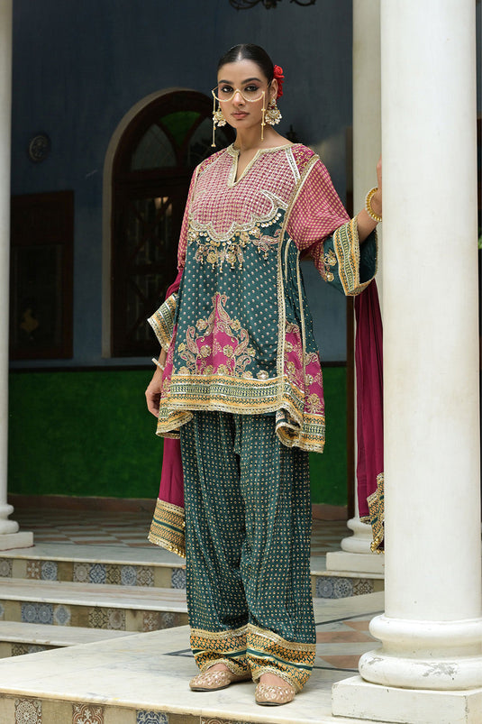 Teal Green Crepe Short Kurta With Printed Farshi Pants Dupatta