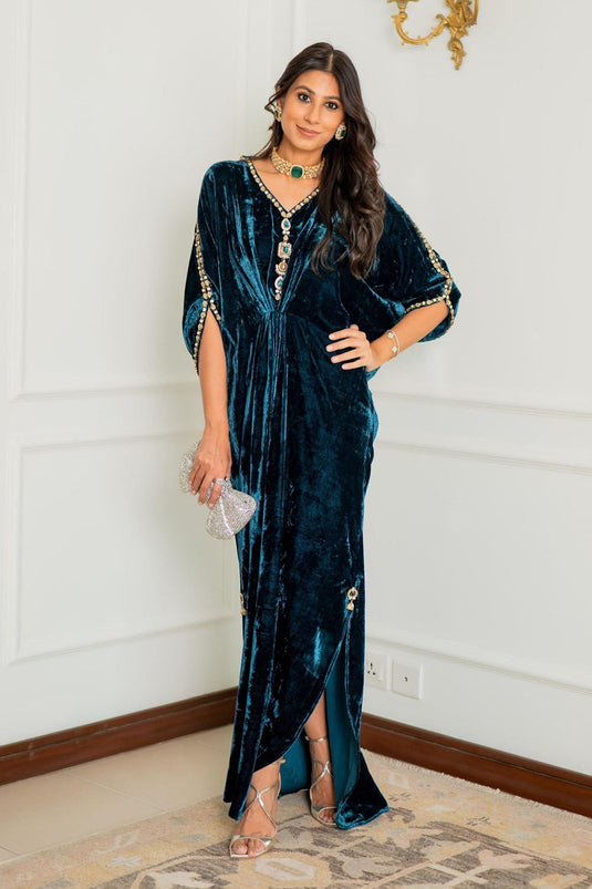 Teal Royale Embellished Velvet Kaftan Gown
