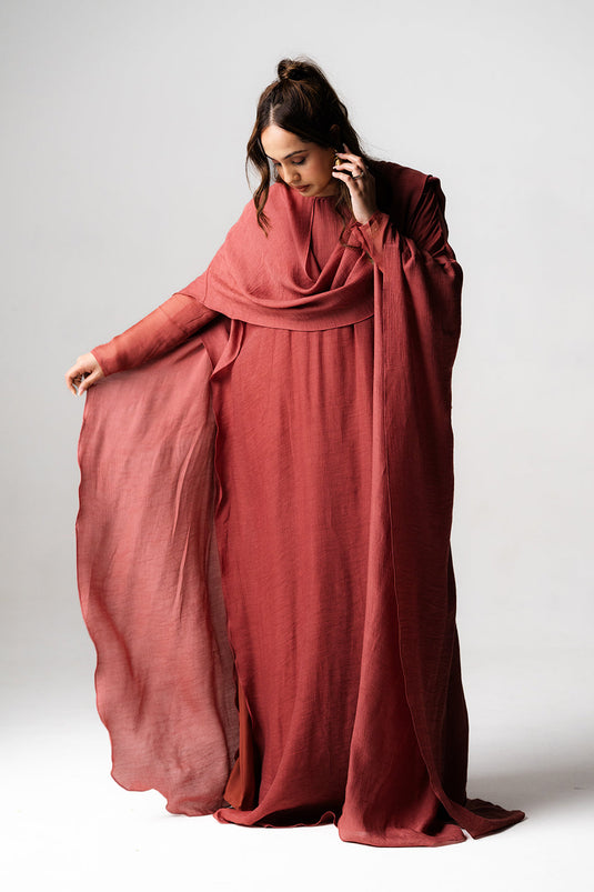 Terracotta Crinkled Kaftan with Draped Veil